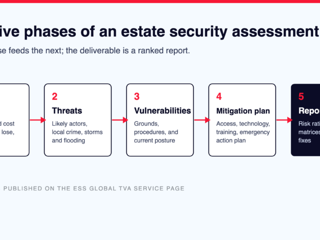 Diagram of the five phases of an estate security assessment, from asset review and threat analysis to the final report.