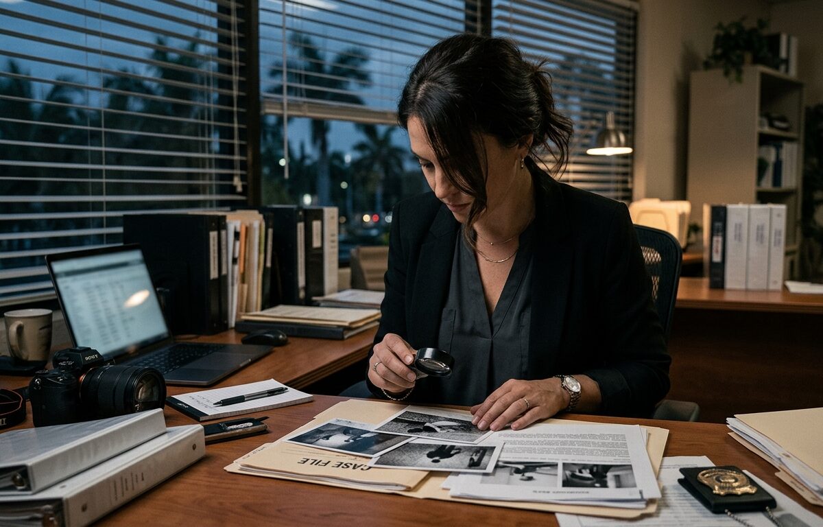Licensed private investigator reviewing case documents and surveillance photos at a desk in a Florida office