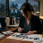Licensed private investigator reviewing case documents and surveillance photos at a desk in a Florida office