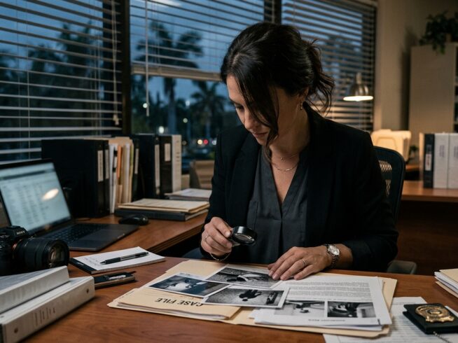 Licensed private investigator reviewing case documents and surveillance photos at a desk in a Florida office
