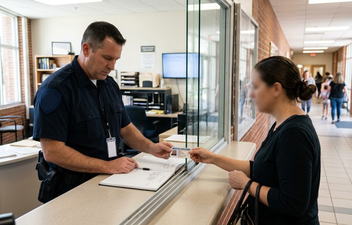 Security officer checking in a visitor at a school front office access point during the school day
