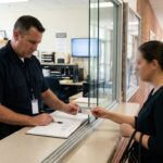 Security officer checking in a visitor at a school front office access point during the school day