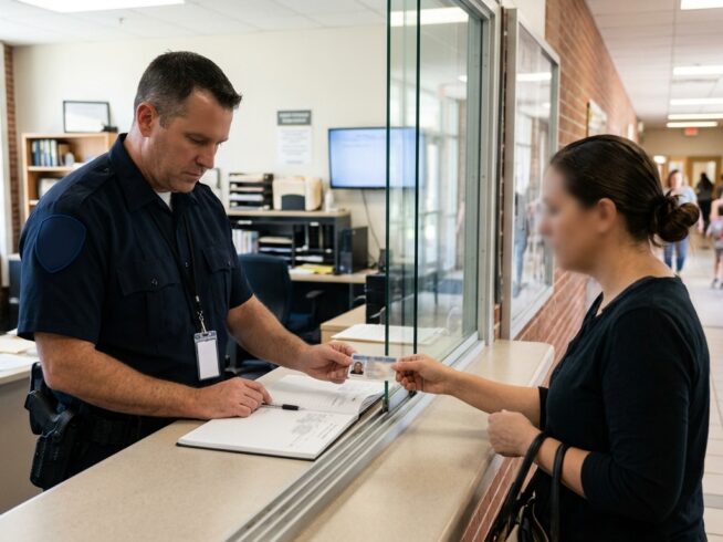 Security officer checking in a visitor at a school front office access point during the school day