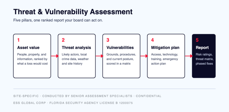 Diagram of the five pillars of an ESS threat and vulnerability assessment: asset value, threat analysis, vulnerabilities, mitigation plan, and report