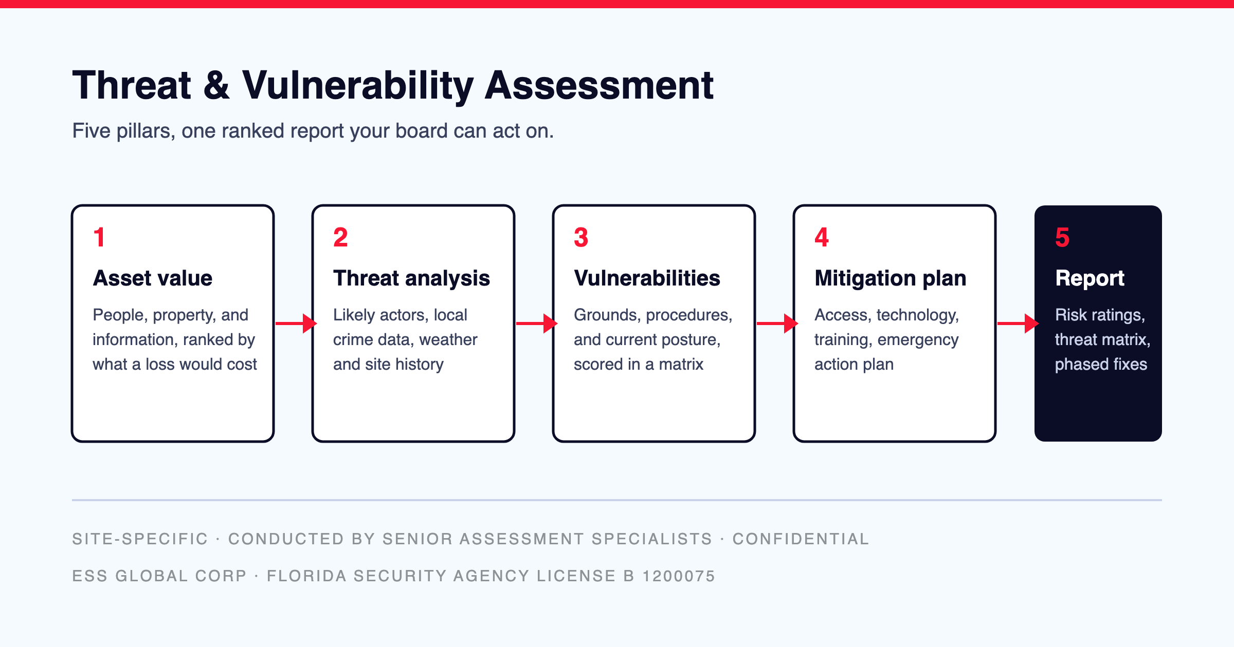 Diagram of the five pillars of an ESS threat and vulnerability assessment: asset value, threat analysis, vulnerabilities, mitigation plan, and report