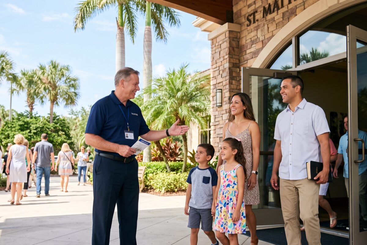 Volunteer security greeter welcoming a family at a Florida church entrance