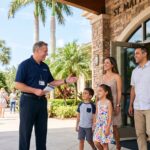 Volunteer security greeter welcoming a family at a Florida church entrance