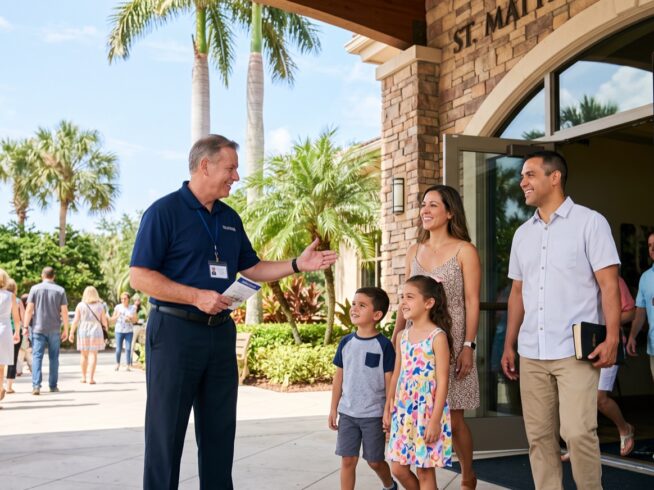 Volunteer security greeter welcoming a family at a Florida church entrance