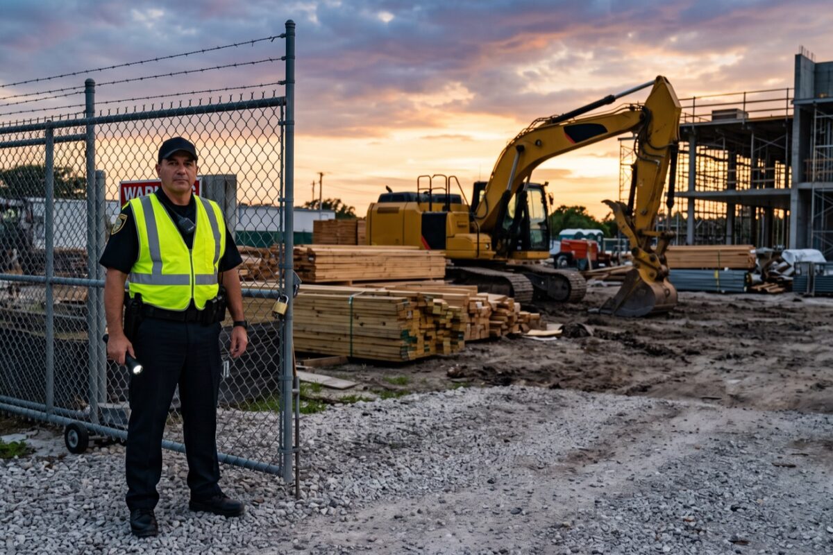 Security officer at the gate of a Florida construction site at dusk