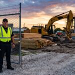Security officer at the gate of a Florida construction site at dusk