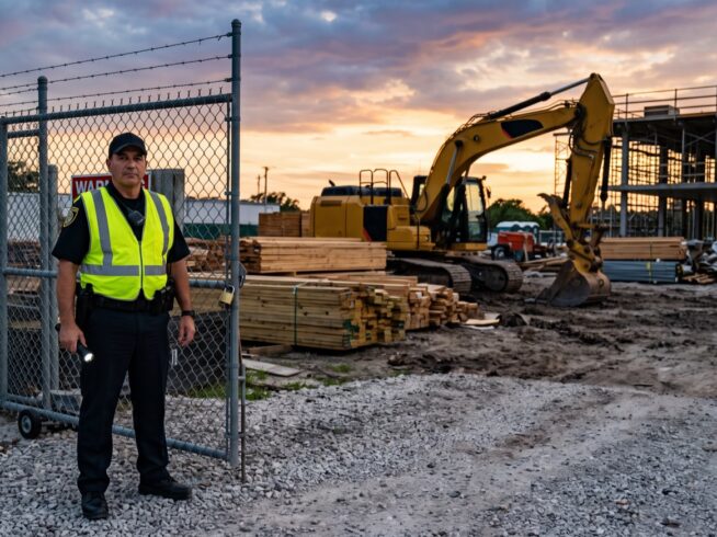 Security officer at the gate of a Florida construction site at dusk